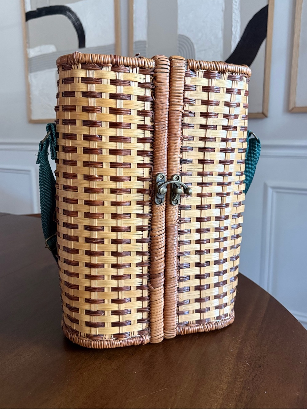 Vintage Wicker Wine Picnic Basket Carrier w/ Glass Holders, Cork Stopper & Strap